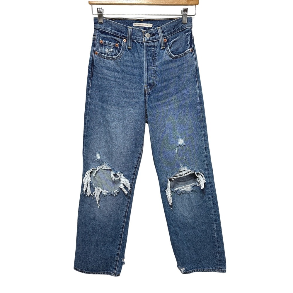 Levis Ribcage Straight Ankle Jeans Womens 25x27 Blue Distressed High Rise Denim